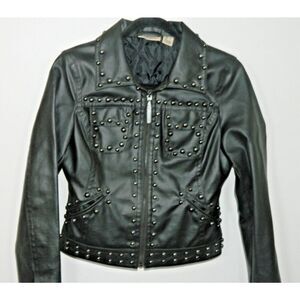 DKNY Jacket Size Smalll Black Faux-Leather‎  Studded Moto Quilted Lining